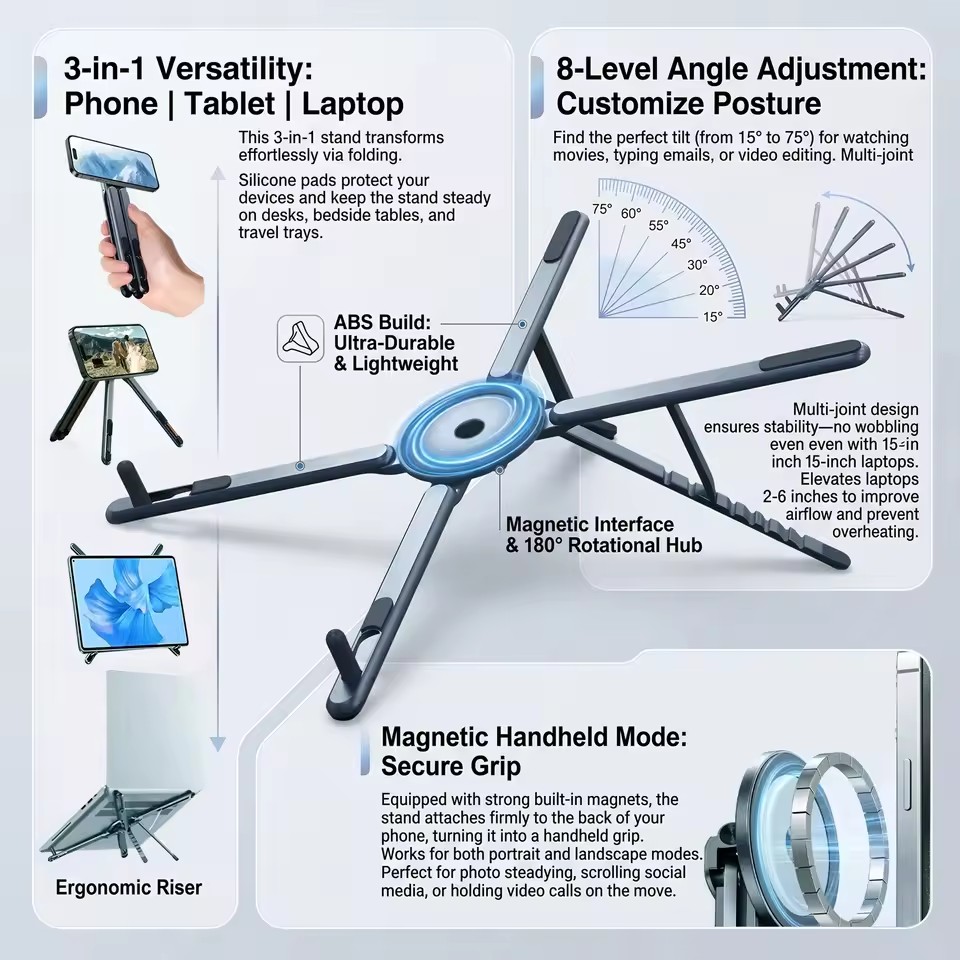 Laptop Extra Accessories - ที่วางโทรศัพท์แม่เหล็กแบบพกพาและไม้เซลฟี่ 3-in-1 ขาตั้งกล้องแบบพับได้สำหรับ iPhone iPad แท็บเล็ต