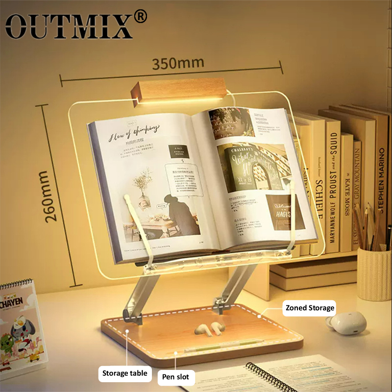 Laptop Extra Accessories - แท่นอ่านหนังสือไม้พร้อมไฟอะคริลิคใส ที่วางแท็บเล็ตแบบยกได้อเนกประสงค์ ที่วางแล็ปท็อป ชั้นวางหนังสือแบบตั้งโต๊ะ