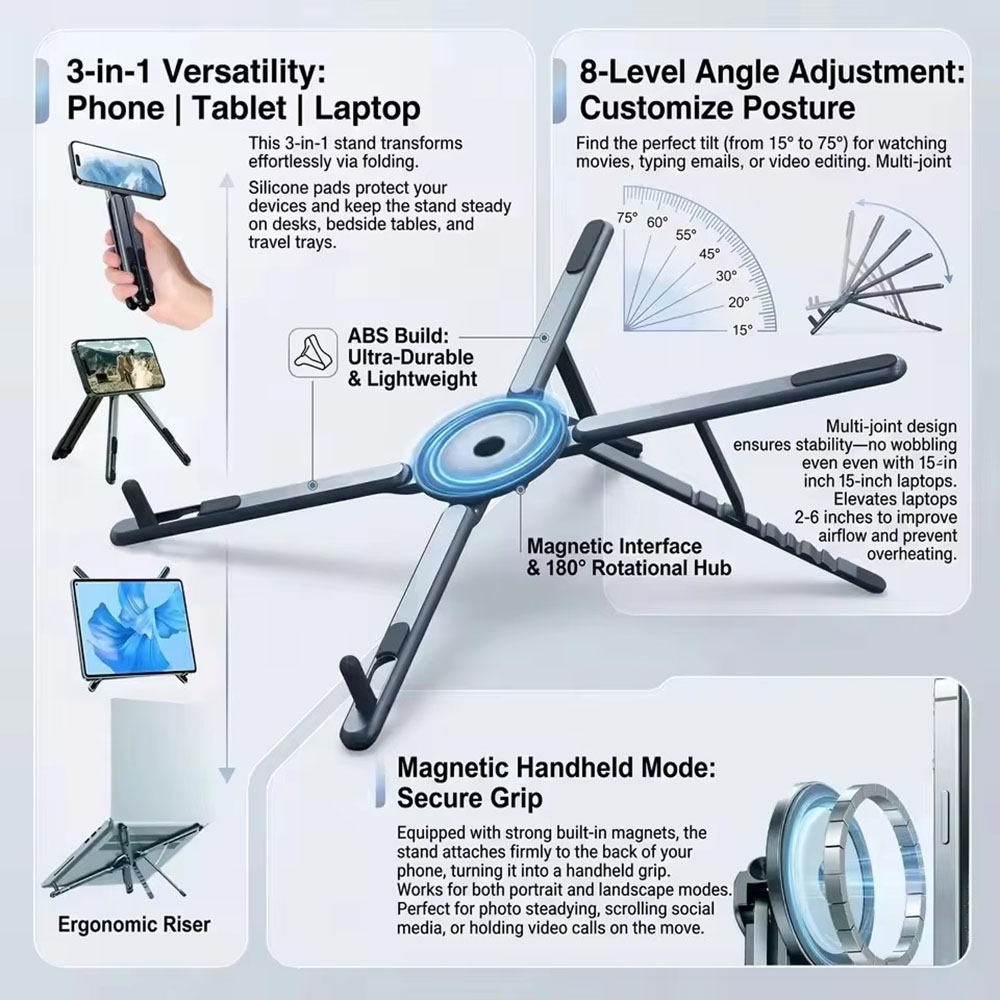 Laptop Stand Portable - ที่วางโทรศัพท์แม่เหล็กแบบพกพาและไม้เซลฟี่ 3-in-1 ขาตั้งกล้องพับได้สำหรับใช้งานกับ iPhone, iPad, แท็บเล็ต,