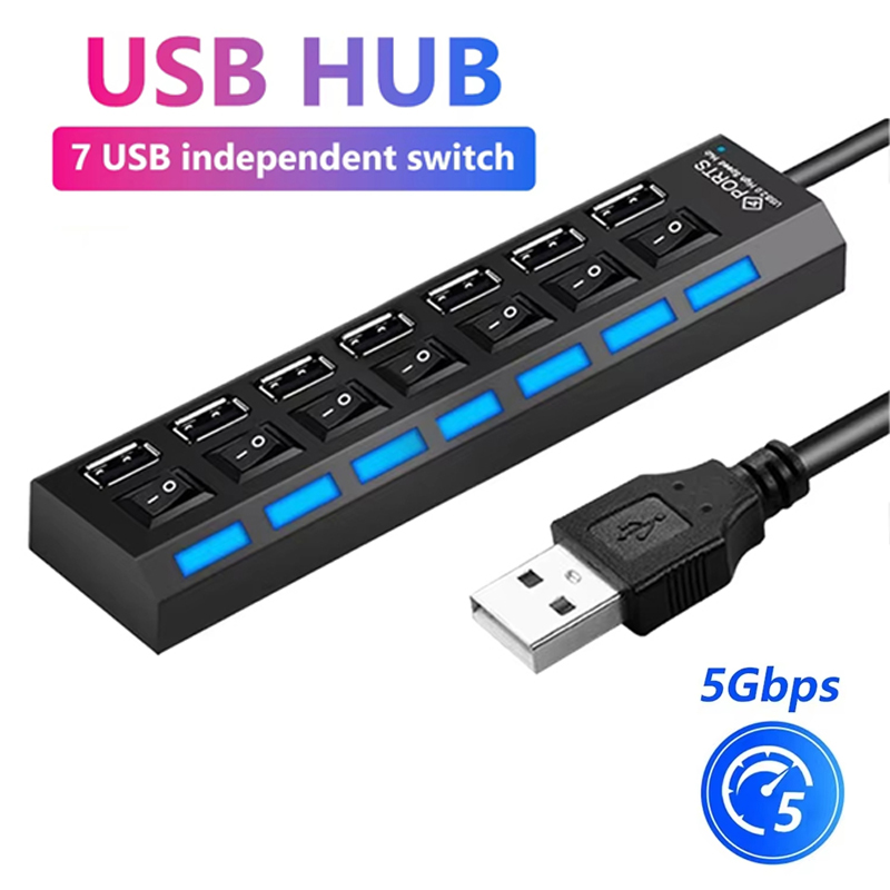 Laptop Accessories All - 7 พอร์ตยูเอสบี 2.0 ฮับสปลิตเตอร์สำหรับแล็ปท็อปอุปกรณ์เสริมคอมพิวเตอร์ไฟ LED แสดงสถานะควบคุมอิสระอุปกรณ์เวิร์กสเตชันสำหรับสำนักงานที่บ้าน